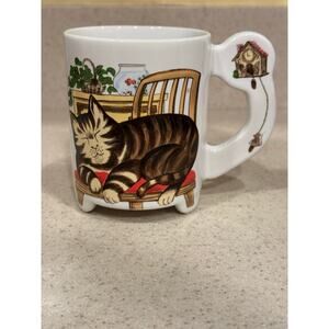 Cat Sleeping in Chair Mouse & Clock Handle Ceramic Coffee Mug JAPAN